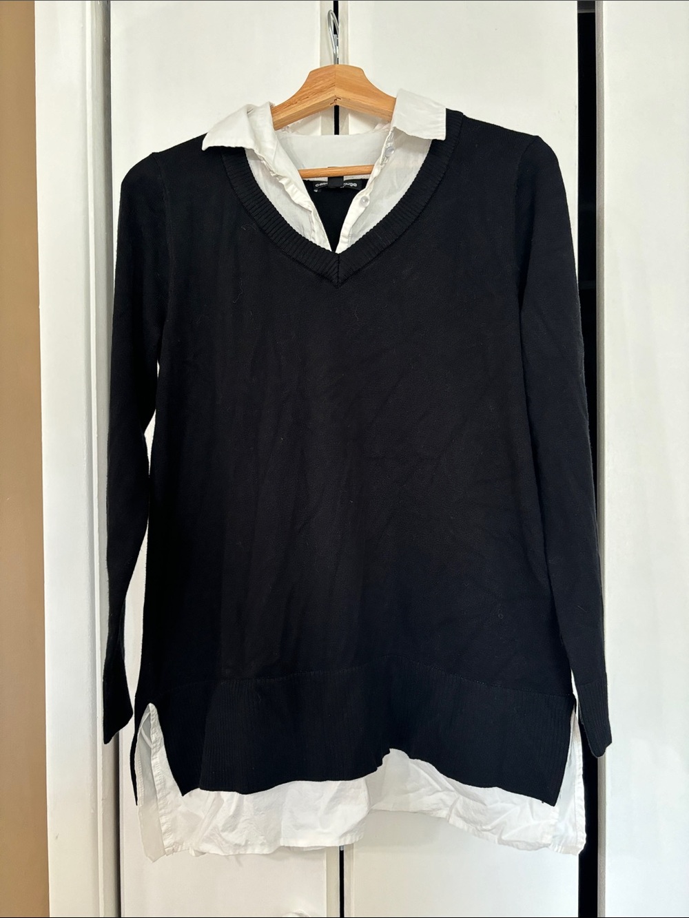 Cable & gauge Black V-Neck Layered Sweater Top with White Shirt Detail